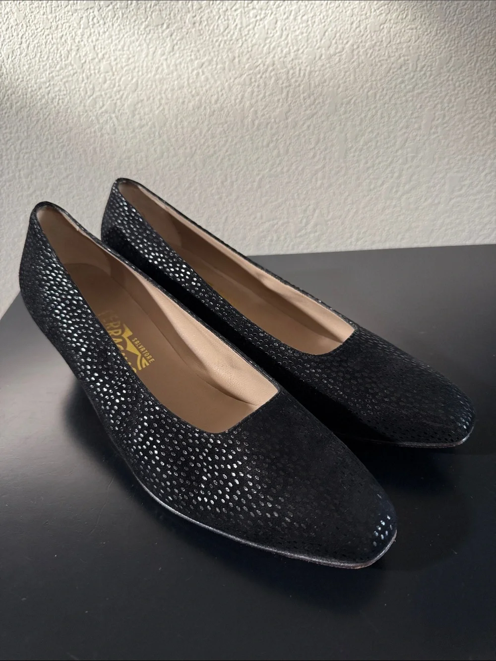 Salvatore Ferragamo Black Suede Pumps with Silver Dot Accents